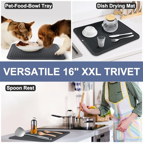 XXL Silicone Trivet 16 Inch and Trivets Mats 12 Inch (16+12in, 3 Black Rectangle Trivets)
