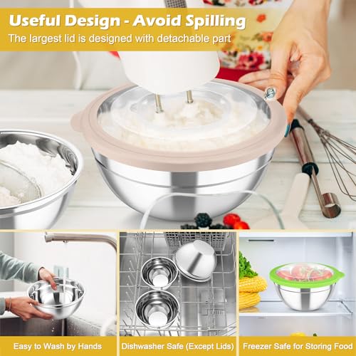 Mixing Bowls 3PCS Stainless Steel Serving Salad Bowls (Multicolor / Transparent Airtight Lids)