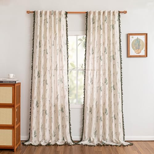 Linen Boho Floral Curtains 96 inch Long 2 Panels Green Tassels Leaf Printed Rustic Country Light Filtering Semi Sheer Curtains for Living Room Bedroom (Green / 50"W x 96"L (Pack of 2))