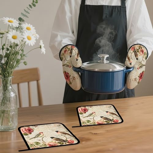 Vintage Bird Oven Mitts and Pot Holders (Vintage Bird Pink Rose Flower)