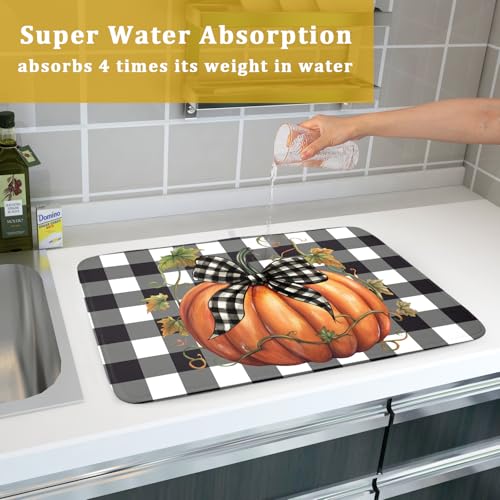 Fall Drying Mats for Kitchen Counter Fall Pumpkin Dish Drying Mat 18 x 24 Inch Autumn Black White Buffalo Check Dish Rack Mat Drainer Pad Thanksgiving Absorbent Microfiber Table Mat for Coffee Bar (Fall Pumpkin-Black White Buffalo Check / 18" x 24")