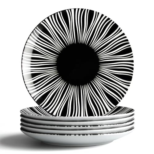 Black and White Striped Ceramic Plates Set of 6 (Black plates with white stripes / 6 inch)