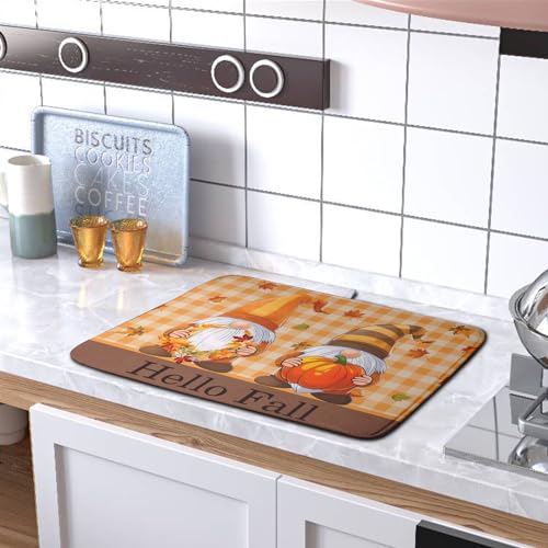 Hello Fall Autumn Gnomes Dish Drying Mat 16x18 Thanksgiving Pumpkin Maple Leaves Harvest Kitchen Drying Mat Orange White Buffalo Plaid Dish Drainer Mat Ultra Absorbent Dish Rack Pad for Coffee Bar (Fall Gnome / 16" x 18")