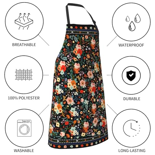 Adjustable Apron with Pockets for Home Kitchen Cooking Baking Gardening Colorful Floral Vintage 32x28 Inch (33" x 28"(Pack of 1) / Vintage Floral Black)