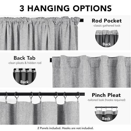 100% Blackout Linen Curtains for Living Room Bedroom 72 Inch Long (Light Grey/Linen 100% Blackout / 52"W x 72"L (Pack of 2))