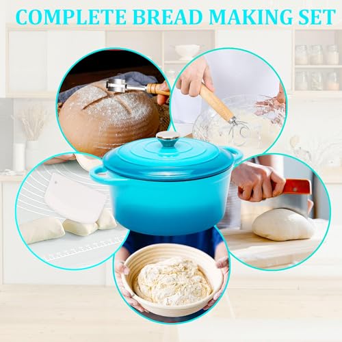 5QT Enameled Cast Iron Dutch Oven for Bread Baking with Lid (Teal / 5 QT (Bread Pan))