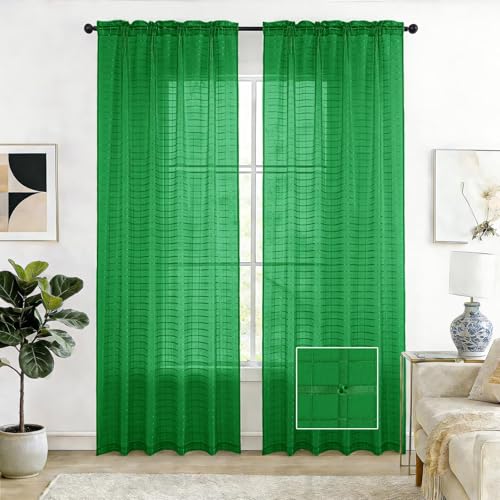 Check Sheer Curtains 84 Inches Long for Living Room (Check - Foliage Green / 52"W x 84"L (Pack of 2))