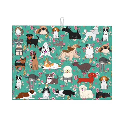 Dog Dish Drying Mat For Kitchen Microfiber Drying Mats Absorbent Reversible Dish Pad Draining Mats For Countertop Coffee Mats 18x24 Inch (Dog)