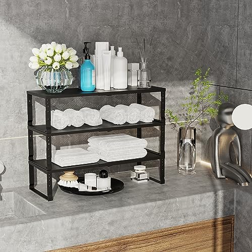 Expandable Adjustable Stackable Kitchen Organizer (1 Pack/Black / 10.24"D x 16.6"~26.5"W x 6.1"/7.5"H)