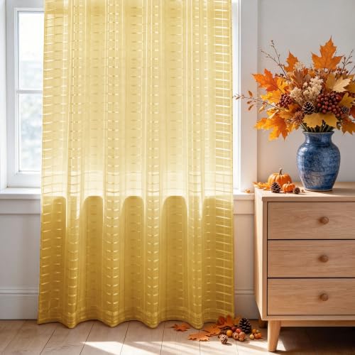 Check Sheer Curtains 90 Inches Long for Living Room (Check - Sand / 52"W x 90"L (Pack of 2))