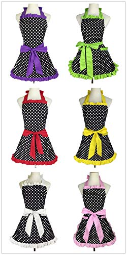 Cute Apron Retro Black Polka Dot Retro Ruffle Side Vintage Cooking Aprons with Pockets for Women Girls (Side Blue)