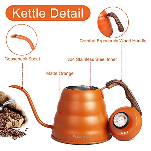 Gooseneck Kettle with Thermometer for Pour Over Coffee & Tea (Orange)