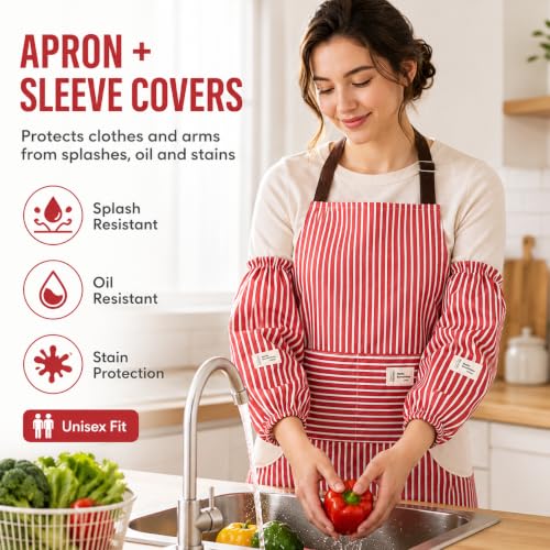 Waterproof Bib Apron Set with Sleeves (Red-striped)