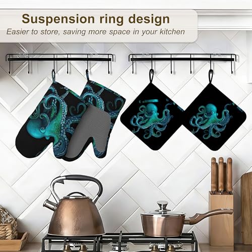 Oven Mitts and Pot Holders Green Octopus Silicone Kitchen Accessories Set of 4 Heat Resistant Gloves Potholder Non (Green Octopus)