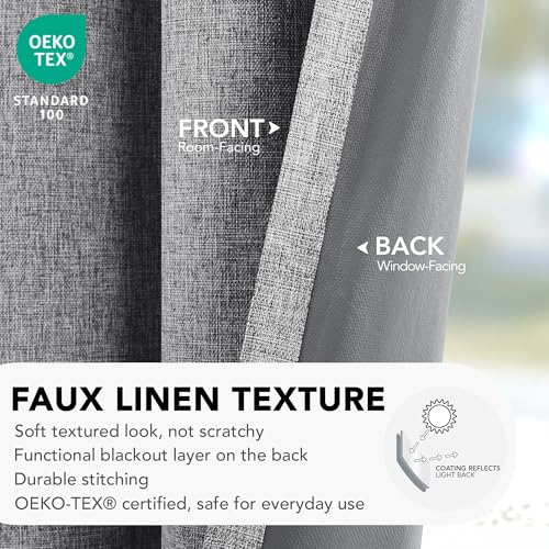 100% Blackout Linen Curtains for Living Room Bedroom 72 Inch Long (Light Grey/Linen 100% Blackout / 52"W x 72"L (Pack of 2))