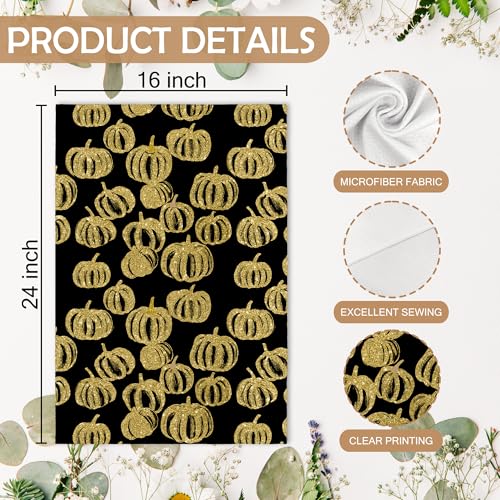 Fall Hello Pumpkin Black Halloween Kitchen Towels and Dishcloths Sets of 2 (Gold Pumpkin)