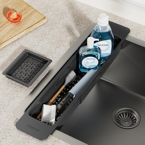 Extendable Kitchen Sink Caddy Extra Long Brush Sponge Storage Holder (Extra Long / Black 1)