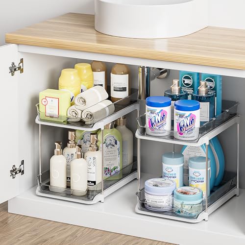 2-Tier Multi-Purpose Bathroom Under Sink Organizers and Storage, Stackable Kitchen Pantry Organization, Pull Out Medicine Cabinet Organizer with Movable Dividers, Grey, 2 Pack (Grey / 2 Pack)