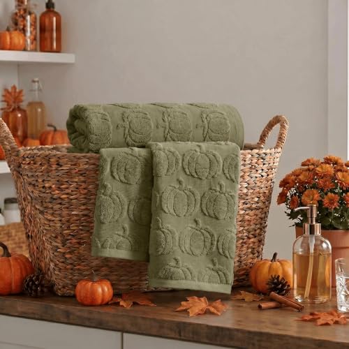 2 Pcs Olive Green 3D Pumpkin Jacquard Hand Towels for Bathroom (13.7" x 29.5", 2PCS / Olive Green)