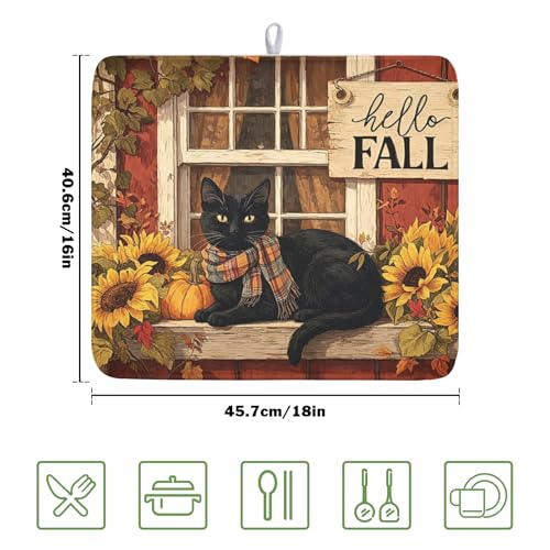 Fall Dish Drying Mat for Kitchen Counter Vintage Autumn Cat Sunflower Pumpkin Microfiber Dish Drainer Mat Rustic Farmhouse Absorbent Washable Drying Pad Extra Large 16"x18" (Fall Cat / 18" x 16")
