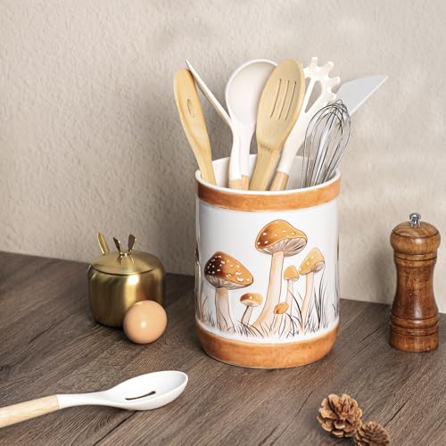 Brown Ceramic Mushroom Pattern Kitchen Utensil Holder (Brown)