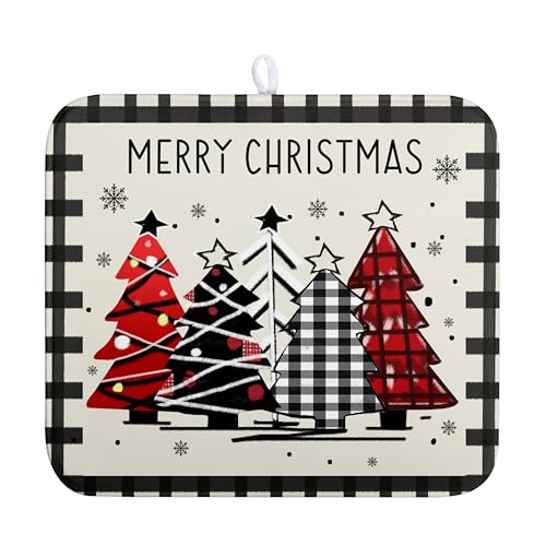 Merry Christmas Dish Drying Mats for Kitchen Counter 16x18 Buffalo Plaid Christmas Tree Microfiber Absorbent Drying Mat Seasonal Winter Holiday Drying Pad Dish Drainer Mat for Coffee Bar Sinks (Christmas -A / 16" x 18")