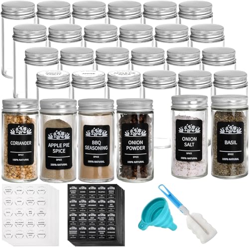 30 Pack Round Spice Bottles Jars with Silver Lids