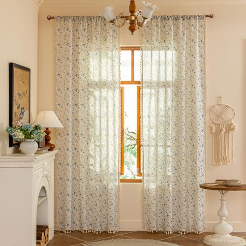 Blue Floral Farmhouse Semi Sheer Curtains 84 Inches Long Linen Blend Boho Vintage Light Filtering Privacy Rustic Country Drapes with Tassel Back Tab for Living (Blue and Green / 50"W x 84"L (Pack of 2))