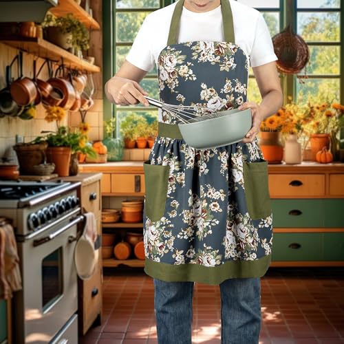 Kitchen Aprons for Women with Pockets (Dark Blue Floral)