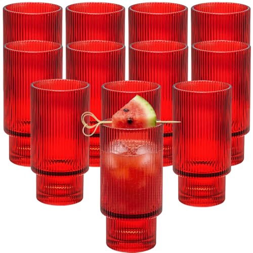 12 oz Ribbed Drinking Glasses Set of 12 (12 OZ / Red 12 Pcs)