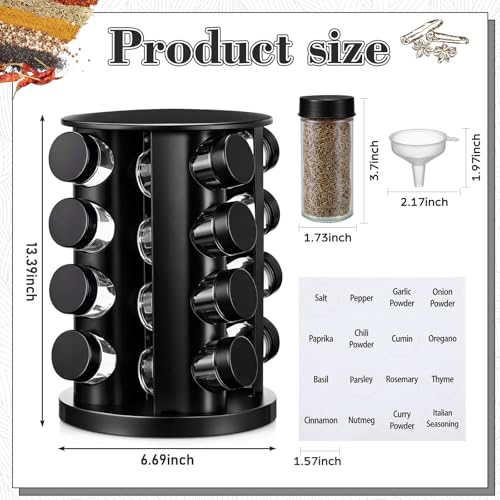 Black Rotating Spice Rack with 16 Empty Jars and Labels (Black)