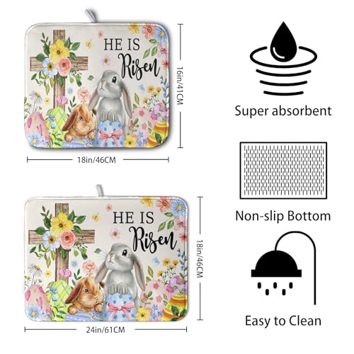 He is Risen Easter Dish Drying Mat for Kitchen Counter Bunny Floral Cross Dish Drainer Mats Spring Rabbit Flowers Egg Dish Drying Pads Absorbent Microfiber Reusable Dish Rack Mat 18x24 Inch (Easter He is Risen / 18" x 24")