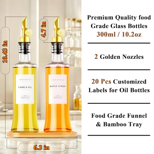 Olive Oil Dispenser Bottles for Kitchen with Bamboo Tray (Glass -10.15 fl oz (Set of 2))