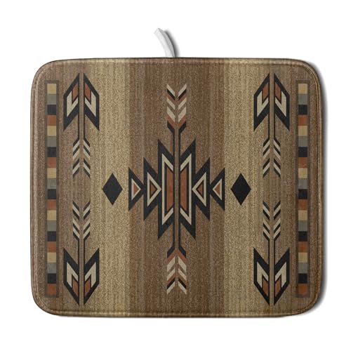 16"x18" Southwestern Dish Drying Mat Rustic Brown Tribal Ethnic Small Dish Drainer Mats Antique Native American Absorbent Microfiber Dish Drying Pad for Kitchen Countertop Decor (18" x 16")