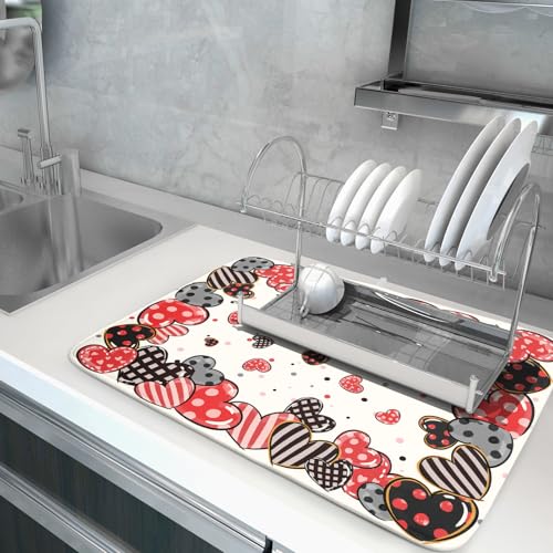 Red Heart Dish Drying Mat 18"x24" Love Dots Microfiber Dish Drainer Rack Mat Holiday Absorbent Fast Dry Pad for Kitchen Counter Home Decor (Heart Dots / 24" x 24")