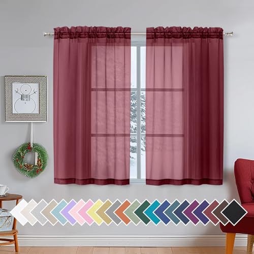 Short Sheer Black Curtains for Living Room 45 inch Length 2 Panels Set (40"W x 45"L (Pack of 2) / Burgundy)