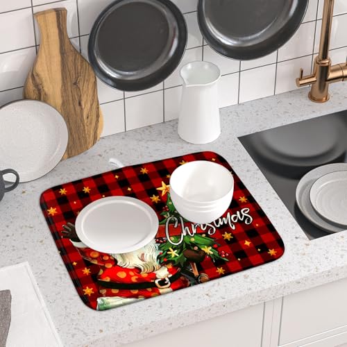 Merry Christmas Santa Claus Red Buffalo Plaid Dish Drying Mat for Kitchen Counter (16" x 18")