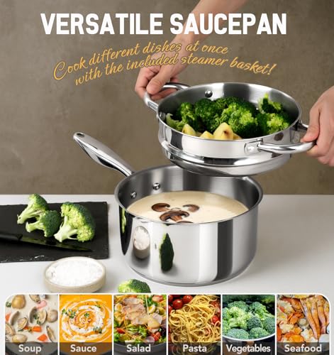 Stainless Steel Saucepan with Lid & Steamer (3 Quarts)