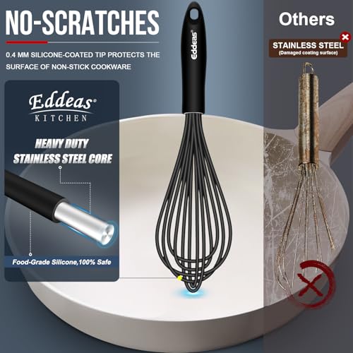 Whisks For Cooking Up To 500°F Silicone Whisk tool Non (7+9+11 inch / Black 3Pcs)