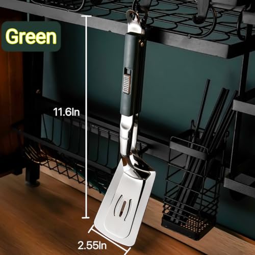Kitchen Spatula Tongs 11.6 lnch Stainless Steel Grill Clamp Cooking Tongs for Flipping Steak Fish Bread Hamburger Frying Pancake Pie (Green)