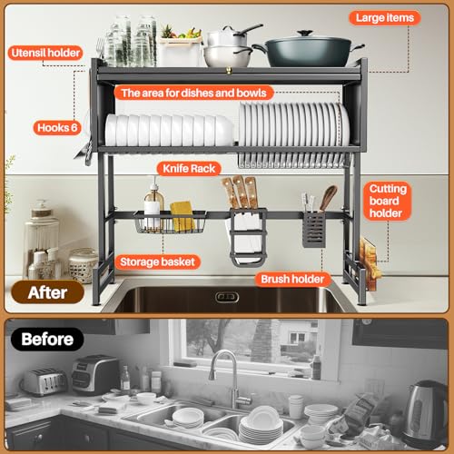 Over The Sink Dish Drainer Drying Rack 3 Tiers with Cover (Black / 37.4in)