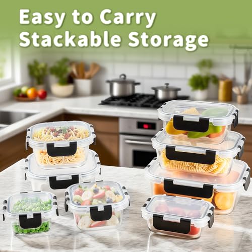 8 Pack Glass Food Storage Containers with Snap Locking Lids for Meal Prep (Deep Black / 8 Pack)