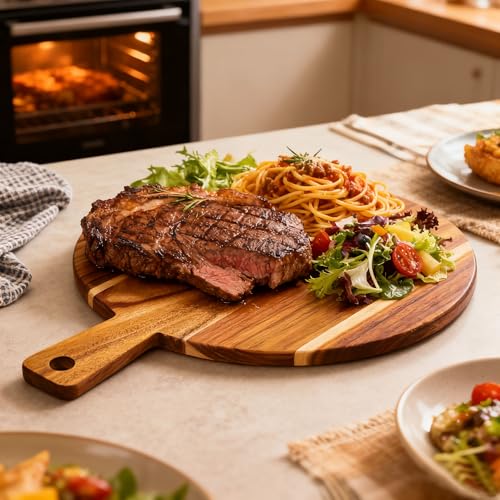Large Acacia Wood Cutting Board with Handle 17''X13'' (BigRound-17x13)
