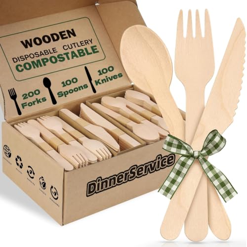 400PCS Compostable Wooden Utensils Disposable Cutlery Set