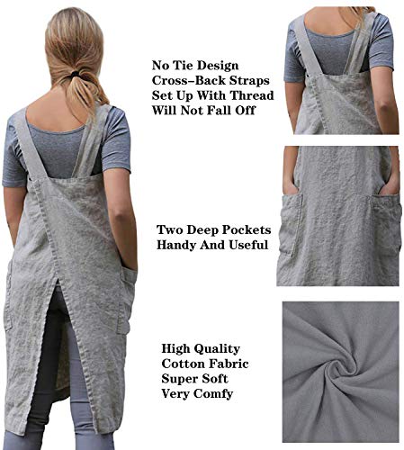 Cotton Linen Apron Cross Back Apron for Women with Big Pockets Square Pinafore Dress for Baking Cooking BBQ & Grill (Gray / X-Large)