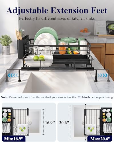 Adjustable Dish Drying Rack (Black / 15.6''-25.2''L × 16.9''W × 8.1''H)
