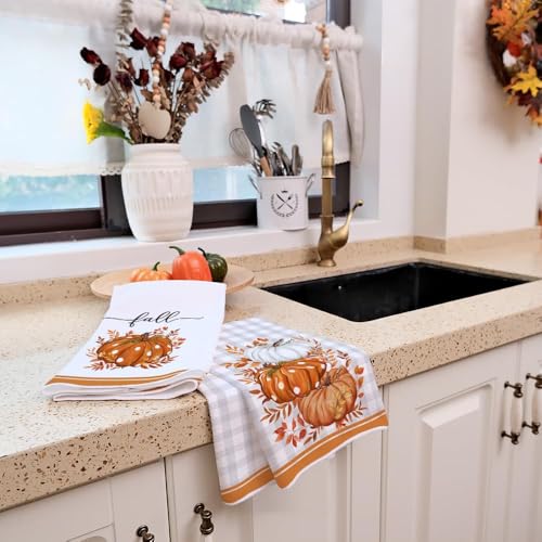 Pumpkin Fall Kitchen Towels Set of 2 for Decor Orange Buffalo Plaid (Orang Pumpkin)