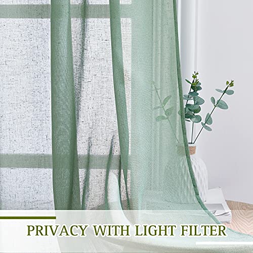 Linen Sheer Curtains Flax Textured for Living Room (52"W x 84"L (Pack of 2) / Olive Green)