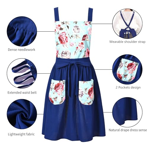 Vintage Pinafore Apron Dress for Women with Pockets Cute Floral Chef Aprons for Kitchen Cooking Baking Gardening (Navy)