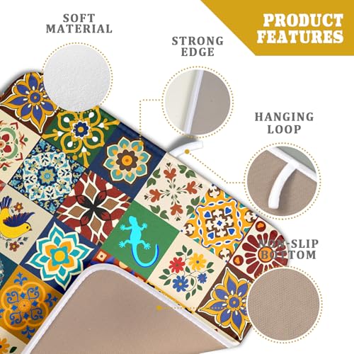 Mexican Tile Dish Drying Mat 16"x18" Talavera Boho Floral Print Dish Drainer Mats Rustic Ethnic Traditional Reversible Small Dish Drying Pad Protector for Kitchen Countertop Decor (18" x 16")